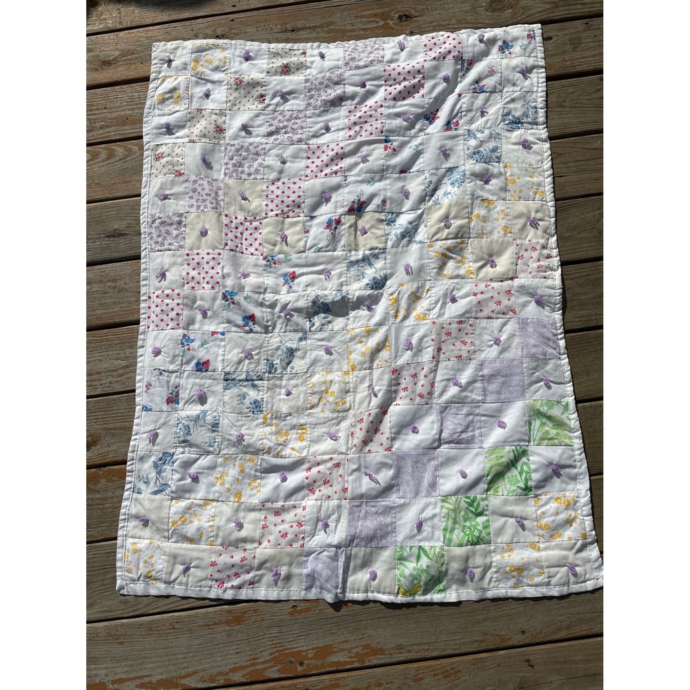 Handmade Patchwork Baby Quilt Floral Polka Dot Tied Blanket Pastel 48x34